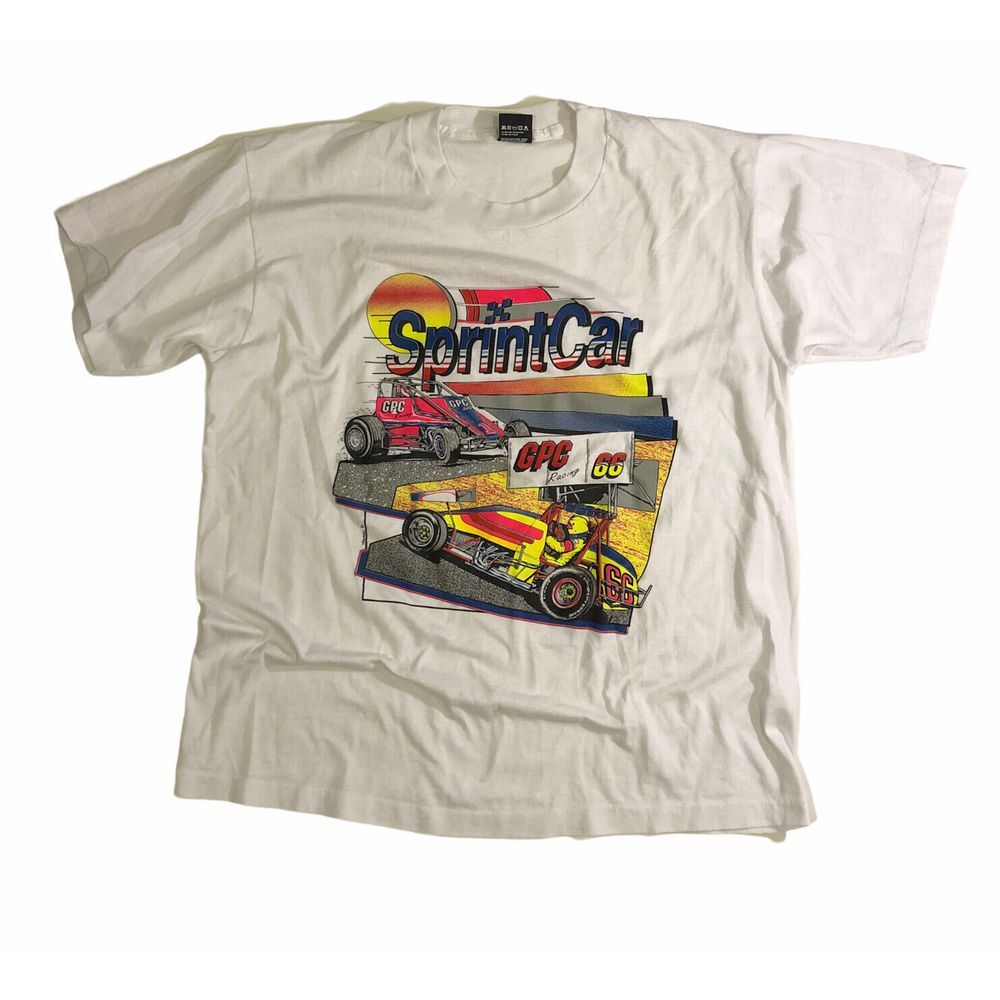 Vintage 80s Screen Stars Sprint Car 66 GPC Racing Neon T Shirt XL 50/50